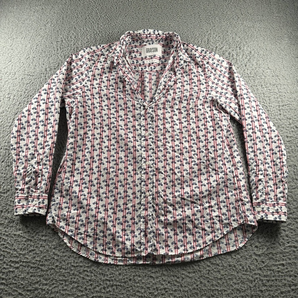 Grayson Hero Shirt Womens 03 Bicycle Print‎ Button Up 100% Cotton White